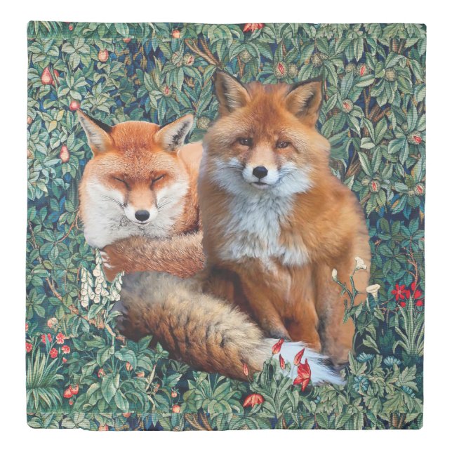 RED FOXES AMONG GREENERY, FOLIAGE AND FLOWERS DUVET COVER (Front)