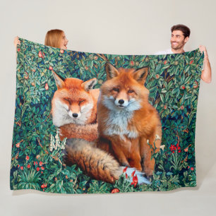 RED FOXES AMONG GREENERY, FOLIAGE AND FLOWERS FLEECE BLANKET