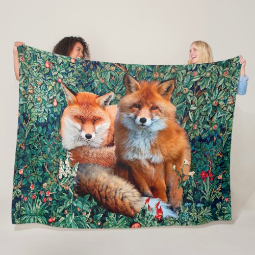 RED FOXES AMONG GREENERY FOLIAGE AND FLOWERS FLEECE BLANKET