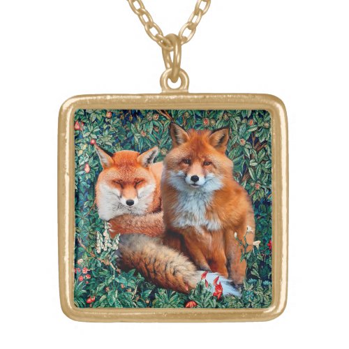 RED FOXES AMONG GREENERY FOLIAGE AND FLOWERS GOLD PLATED NECKLACE