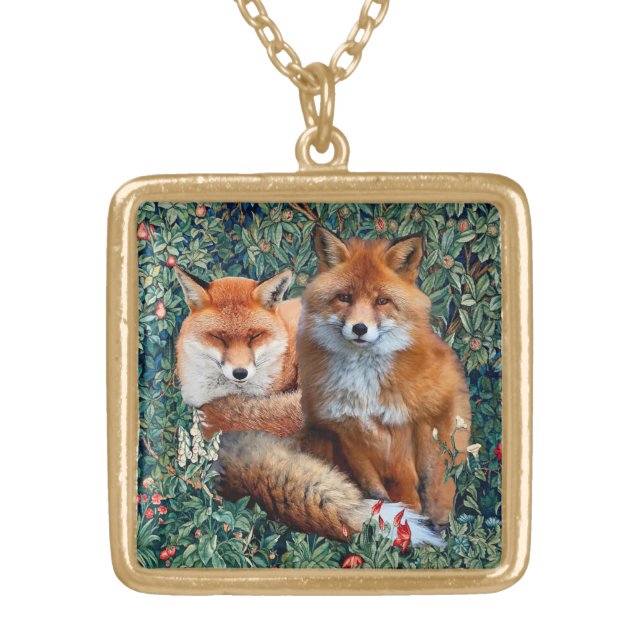 RED FOXES AMONG GREENERY, FOLIAGE AND FLOWERS GOLD PLATED NECKLACE (Front)