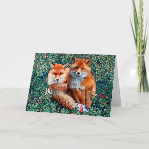 RED FOXES AMONG GREENERY FOLIAGE AND FLOWERS HOLIDAY CARD