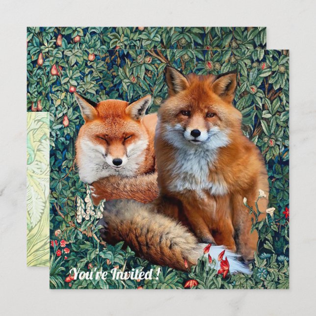 RED FOXES AMONG GREENERY, FOLIAGE AND FLOWERS INVITATION (Front/Back)