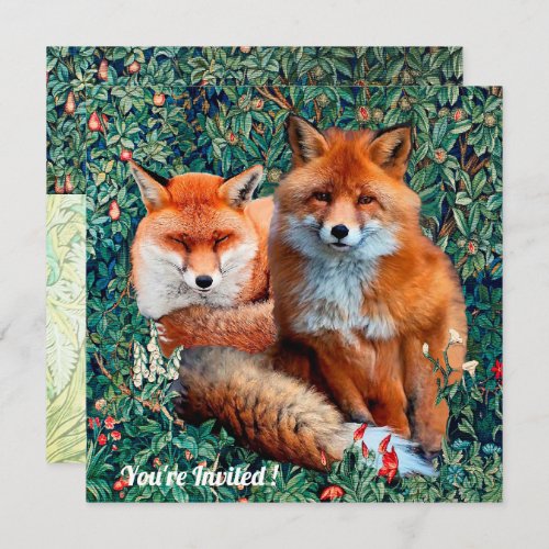RED FOXES AMONG GREENERY FOLIAGE AND FLOWERS INVITATION