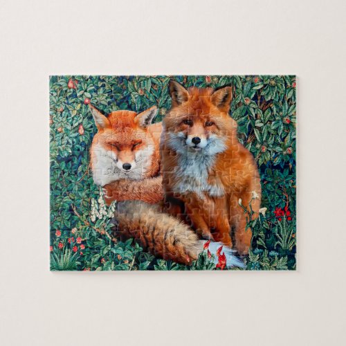 RED FOXES AMONG GREENERY FOLIAGE AND FLOWERS JIGSAW PUZZLE