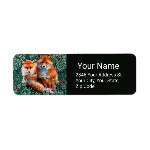 RED FOXES AMONG GREENERY FOLIAGE AND FLOWERS LABEL