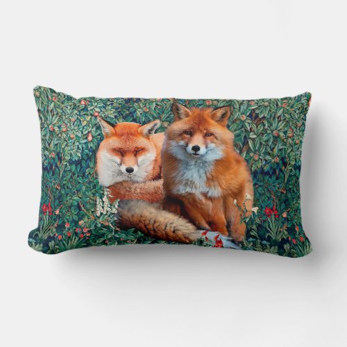 RED FOXES AMONG GREENERY FOLIAGE AND FLOWERS LUMBAR PILLOW