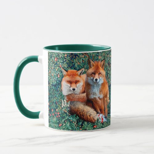 RED FOXES AMONG GREENERY FOLIAGE AND FLOWERS MUG