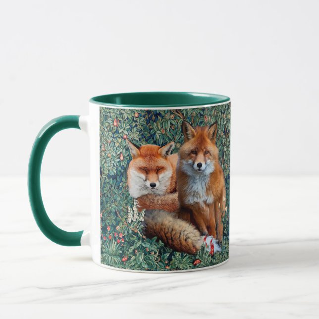 RED FOXES AMONG GREENERY, FOLIAGE AND FLOWERS MUG (Left)