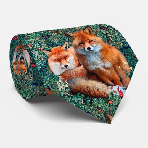 RED FOXES AMONG GREENERY FOLIAGE AND FLOWERS  NECK TIE
