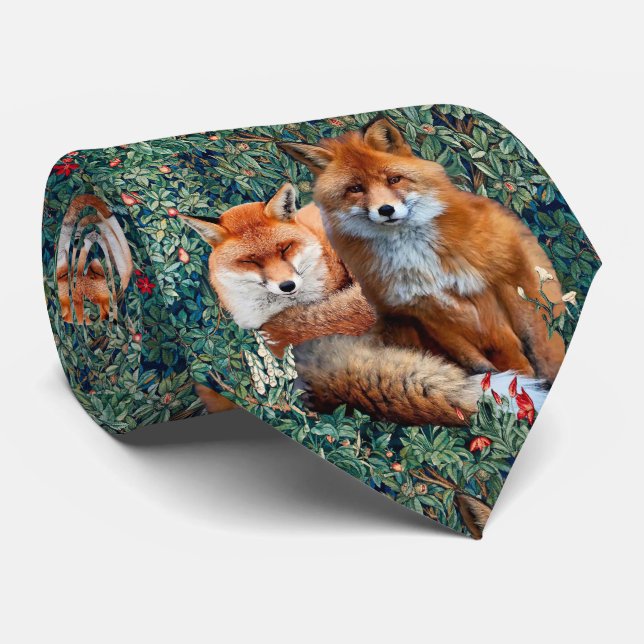 RED FOXES AMONG GREENERY, FOLIAGE AND FLOWERS  NECK TIE (Rolled)