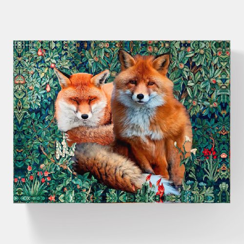 RED FOXES AMONG GREENERY FOLIAGE AND FLOWERS PAPERWEIGHT