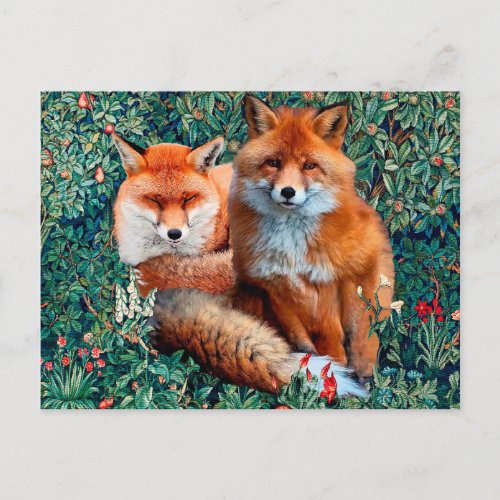 RED FOXES AMONG GREENERY FOLIAGE AND FLOWERS POSTCARD