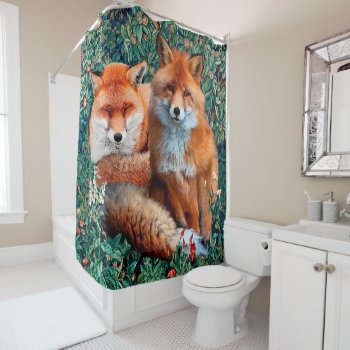 Red Foxes Among Greenery  Foliage And Flowers Shower Curtain by bulgan_lumini at Zazzle