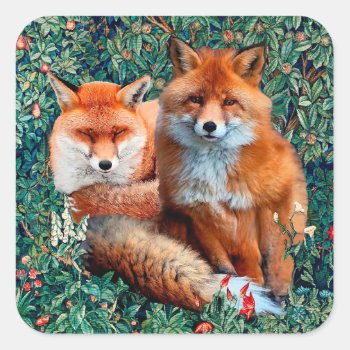 Red Foxes Among Greenery  Foliage And Flowers Square Sticker by bulgan_lumini at Zazzle