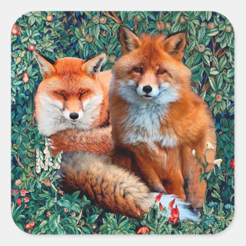 RED FOXES AMONG GREENERY FOLIAGE AND FLOWERS SQUARE STICKER