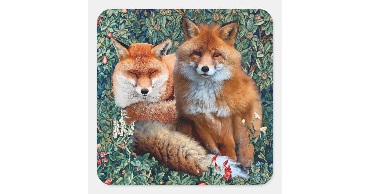 RED FOXES AMONG GREENERY, FOLIAGE AND FLOWERS SQUARE STICKER | Zazzle