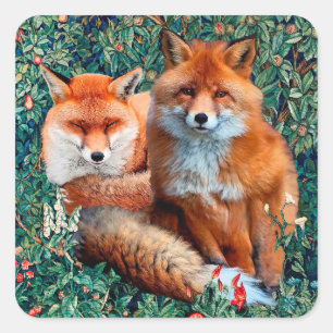 RED FOXES AMONG GREENERY, FOLIAGE AND FLOWERS SQUARE STICKER