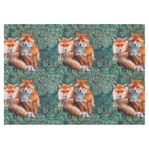 RED FOXES AMONG GREENERY FOLIAGE AND FLOWERS TABLECLOTH