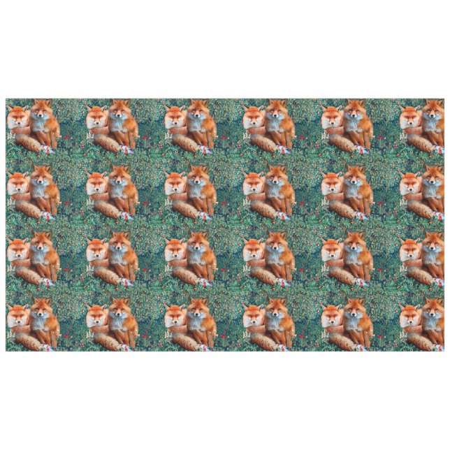 RED FOXES AMONG GREENERY, FOLIAGE AND FLOWERS TABLECLOTH (Front (Horizontal))