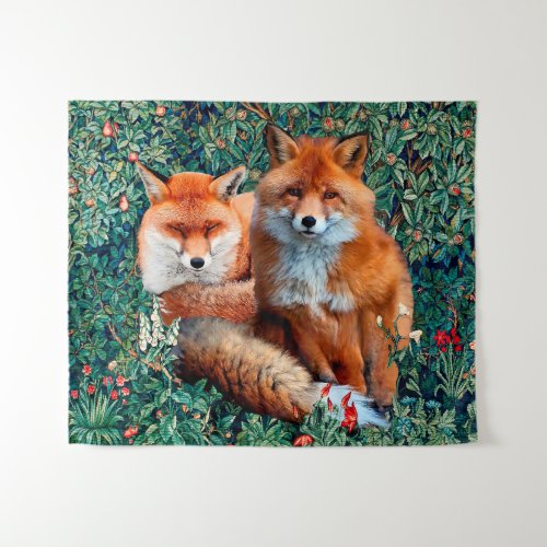 RED FOXES AMONG GREENERY FOLIAGE AND FLOWERS TAPESTRY