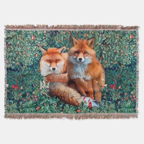 RED FOXES AMONG GREENERY FOLIAGE AND FLOWERS THROW BLANKET