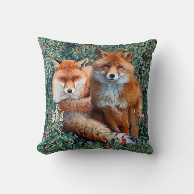 RED FOXES AMONG GREENERY, FOLIAGE AND FLOWERS THROW PILLOW (Front)