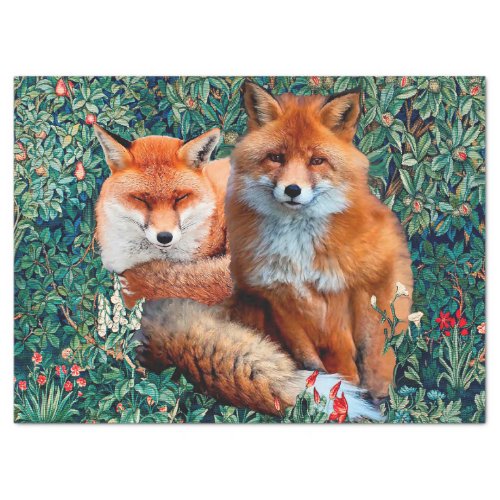 RED FOXES AMONG GREENERY FOLIAGE AND FLOWERS TISSUE PAPER