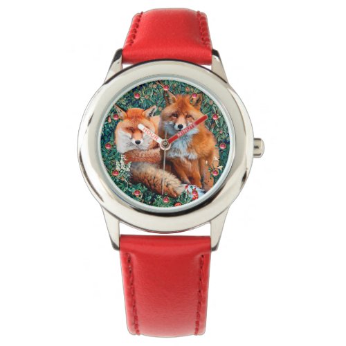 RED FOXES AMONG GREENERY FOLIAGE AND FLOWERS WATCH