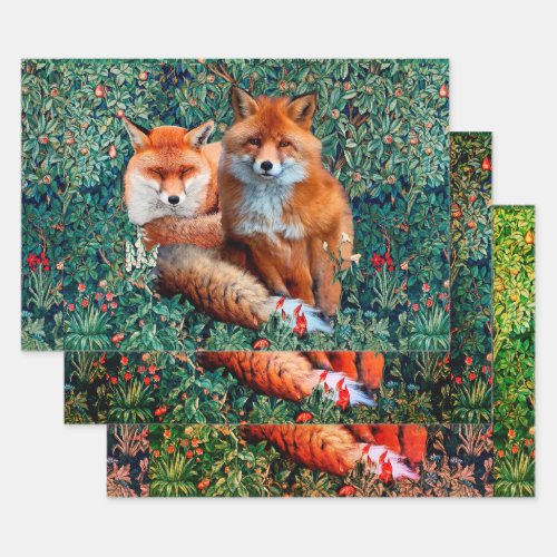 RED FOXES AMONG GREENERY FOLIAGE AND FLOWERS  WRA WRAPPING PAPER SHEETS