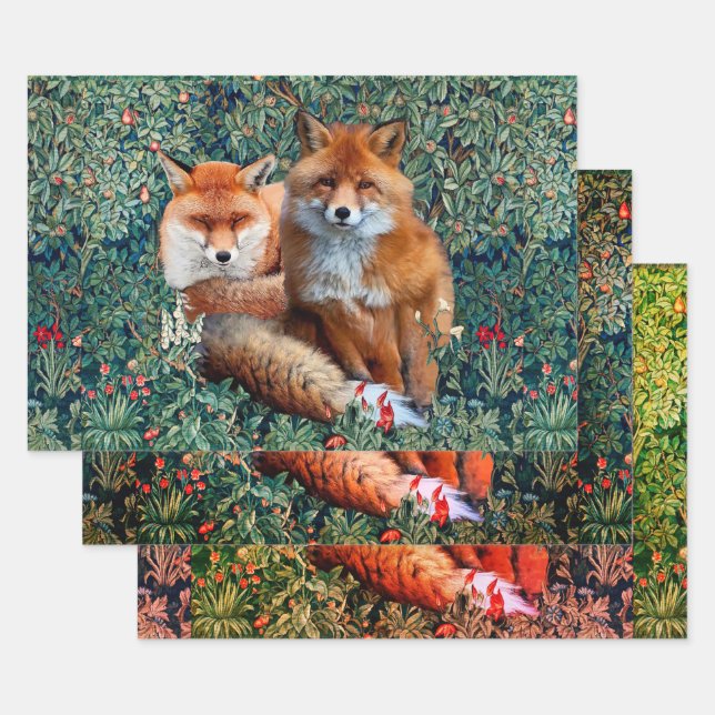 RED FOXES AMONG GREENERY, FOLIAGE AND FLOWERS  WRA WRAPPING PAPER SHEETS (Set)