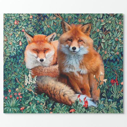 RED FOXES AMONG GREENERY FOLIAGE AND FLOWERS WRAPPING PAPER