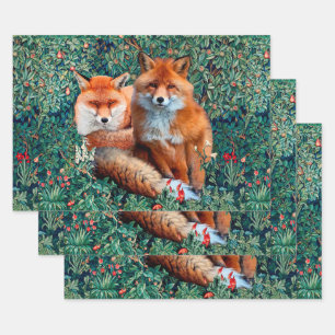 RED FOXES AMONG GREENERY, FOLIAGE AND FLOWERS WRAPPING PAPER SHEETS