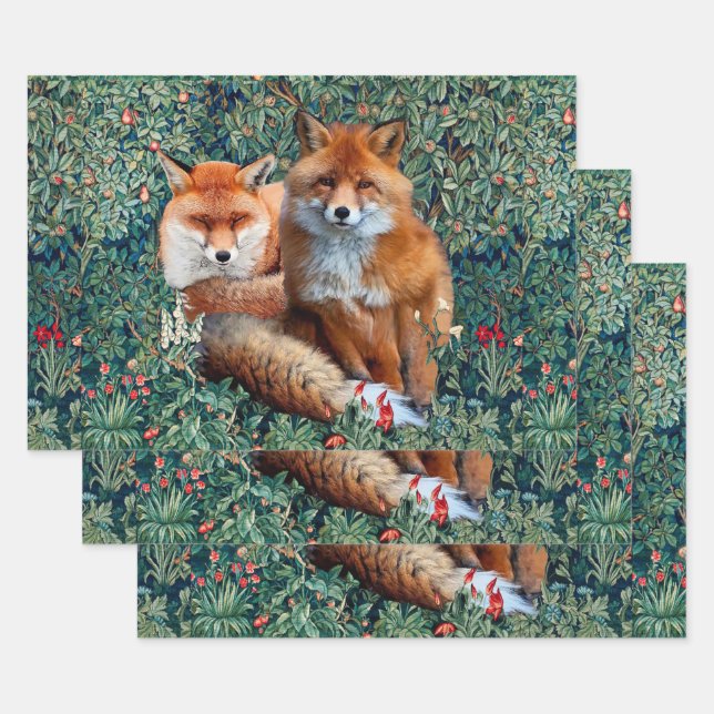 RED FOXES AMONG GREENERY, FOLIAGE AND FLOWERS  WRAPPING PAPER SHEETS (Set)