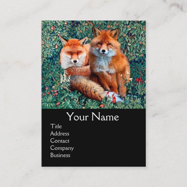 RED FOXES AMONG GREENERY, FOLIAGE,FLOWERS Monogram Business Card (Front)