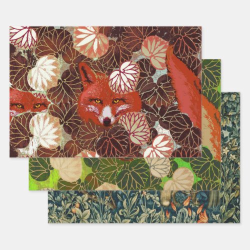 RED FOXES AMONG WHITE GREEN LEAVES AND FOLIAGE WRAPPING PAPER SHEETS