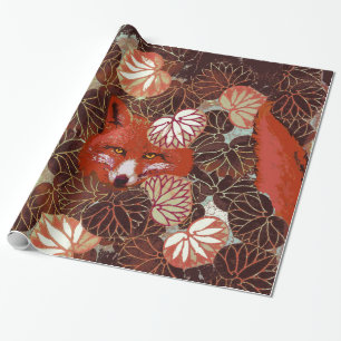 RED FOXES AMONG WHITE LEAVES AND FOLIAGE WRAPPING PAPER
