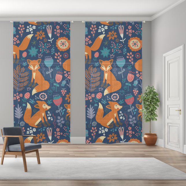 Red foxes and flowers pattern On Dark Blue Sheer Curtains (Wide)