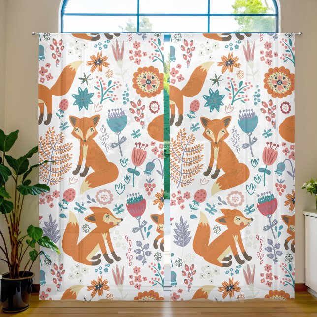 Red foxes and flowers pattern sheer curtains (Living Room)