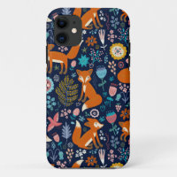 Red Foxes Birds & Colorful Flowers Pattern
