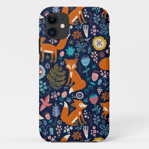 Red Foxes Birds  Colorful Flowers Pattern iPhone 11 Case
