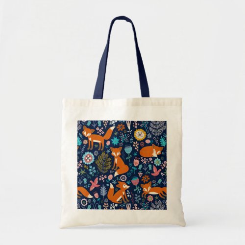 Red Foxes  Colorful Flowers Pattern Tote Bag