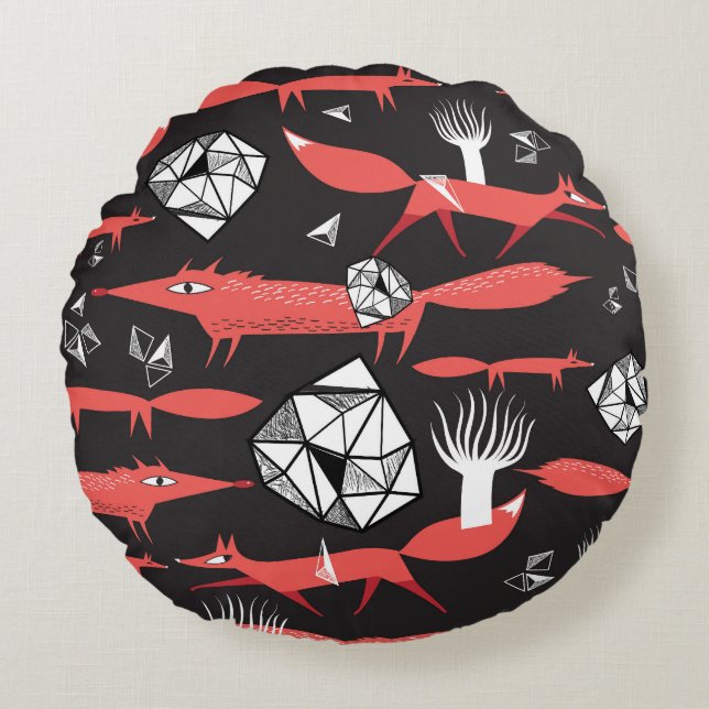 Red Foxes: Dark Background Seamless. Round Pillow (Front)