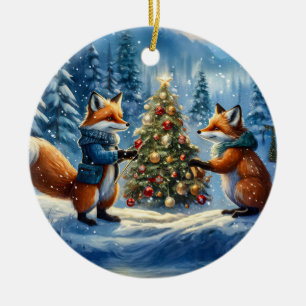Red Foxes Holiday Design By Rich AMeN Gill Ceramic Ornament