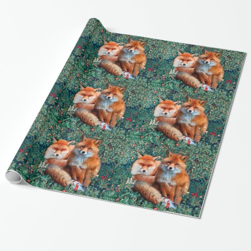 RED FOXES IN GREEN FOLIAGE AND FLOWERS Floral Wrapping Paper