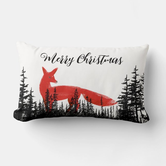 Red Foxes In The Forest Pines Merry Christmas Lumbar Pillow (Front)