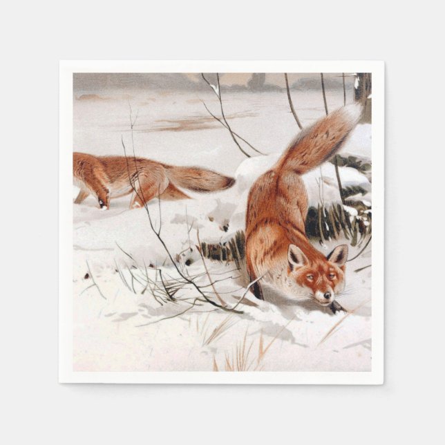 Red Foxes in the Winter Snow (by Wilhelm Kuhnert) Napkins (Front)