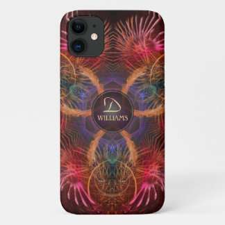 Red Fractal Art Feathers Custom Monogram Name iPhone 11 Case