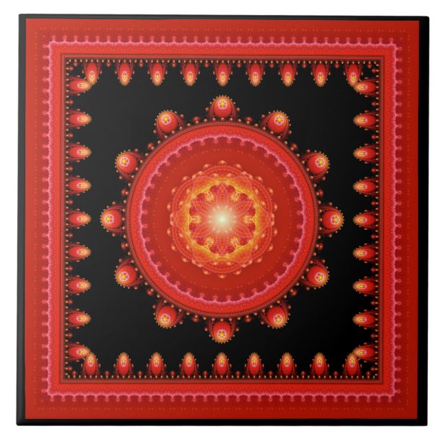 Red fractal oriental framed pattern ceramic tile (Front)