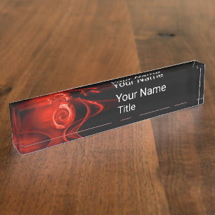 RED FRACTAL ROSE IN BLACK,Abstract Swirls Desk Name Plate